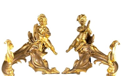 A pair of Antique 19th Century Louis XV-style gilt bronze figural Chenets
