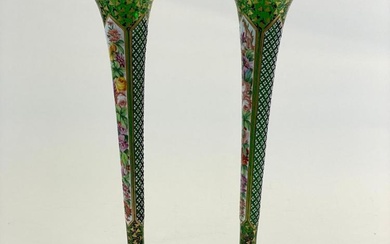 A pair of Bohemian Green Glass Trumpet vases with floral...