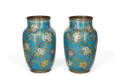 A pair of Chinese cloisonné-enamel vases Late Qing dynasty The turquoise ground...
