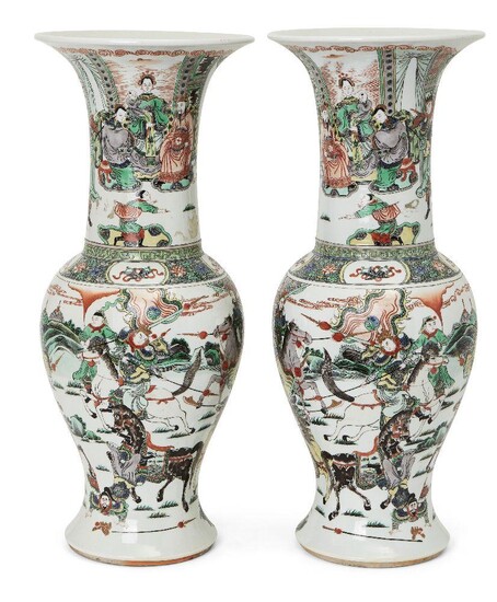 A pair of Chinese porcelain 'Romance of the Three Kingdoms' phoenix-tail vases, 19th century, painted in famille verte enamels with a continuous battle scene depicting the Battle of Hulao Pass, with warriors on horseback bearing halberds and flags...
