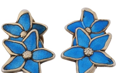 A pair of Danish stylised silver-gilt blue enamel flowerhead...
