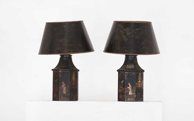 A pair of Regency-style chinoiserie toleware table lamps