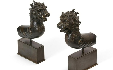 A pair of Renaissance style bronze lion terminals