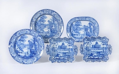 A pair of Rogers blue and white printed pearlware square dessert dishes printed with 'Boston State House' pattern