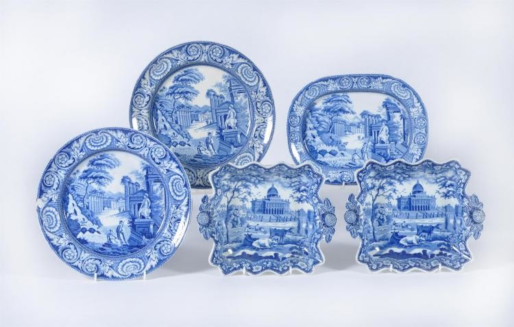 A pair of Rogers blue and white printed pearlware square dessert dishes printed with 'Boston State House' pattern