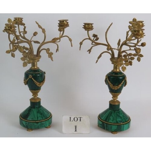 A pair of antique French Malachite bronze Ormulu mounted can...