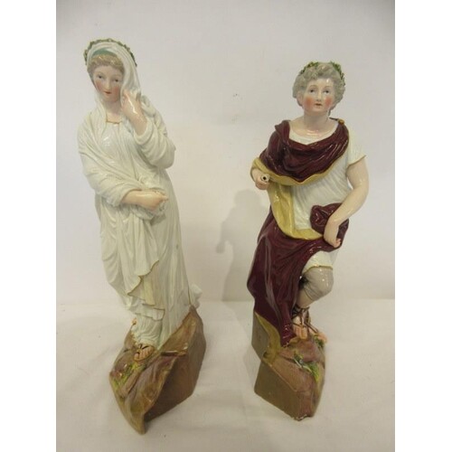 A pair of antique Meissen porcelain figures of women, the ba...