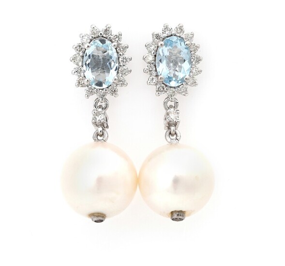 NOT SOLD. A pair of aquamarine, diamond and pearl ear pendants each set with an...