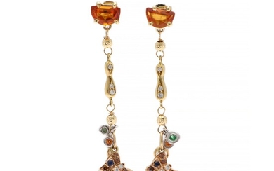 NOT SOLD. A pair of citrine, pearl and diamond ear pendants respectively set with citrines,...