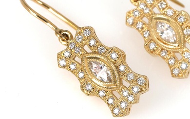A pair of diamond ear pendants each set with a marquise-cut diamond...