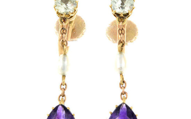 A pair of early 20th century gold amethyst, chrysoberyl and seed pearl earrings.