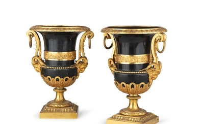 A pair of patinated and gilt bronze Medici vases, Louis XVI style, first half of 19th century | Paire de vases Médicis en bronze patiné et bronze doré de style Louis XVI, première moitié du XIXe siècle