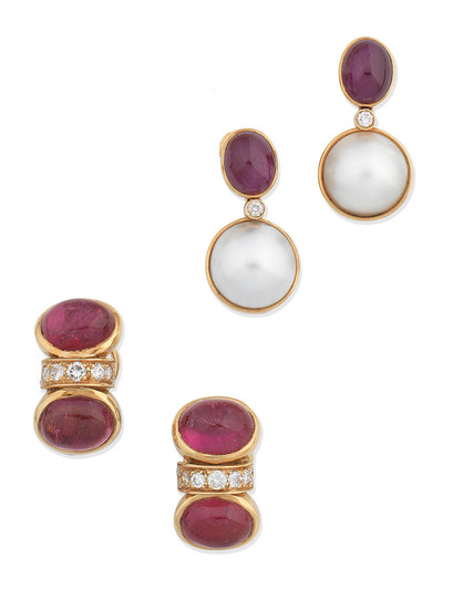 A pair of ruby, diamond and cultured pearl earrings, and a pair of tourmaline and diamond earrings