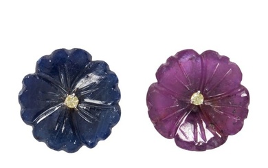 A pair of sapphire and diamond 18k gold flower earrings