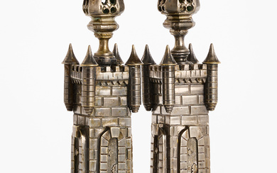 A pair of silver-plated bronze candlesticks, in the form of watchtowers, probably Germany, second half of the 19th century.