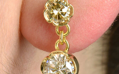 A pair of 'yellow' and 'brown' brilliant-cut diamond drop earrings.