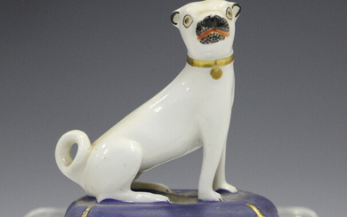 A rare Charles Bourne Staffordshire porcelain model of a pug dog, circa 1830, the white animal with