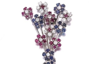A sapphire, ruby and diamond flower brooch