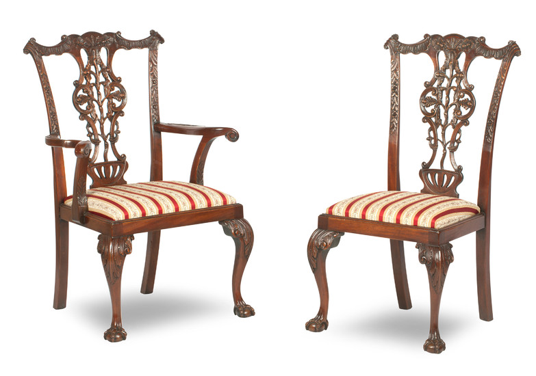 A set of ten 18th century style mahogany dining chairs, in the manner of Chippendale, 20th century