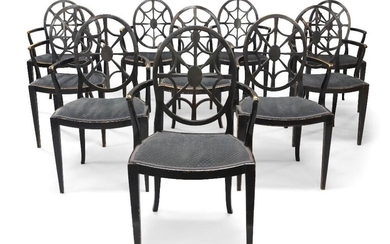 A set of ten ebonised birch Spiderback dining chairs, circa 1905, originally produced for the board room of Country Life magazine, probably under the direction of Sir Edwin Landseer Lutyens, the oval backrests with spiderweb form slats radiating...