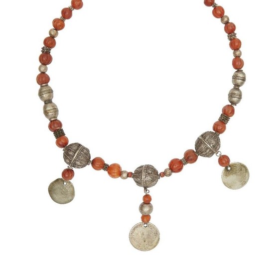 A silver and carnelian bead necklace, Yemen,...
