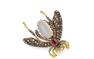 A silver and colored gemstone brooch