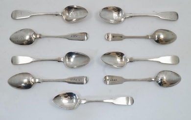 A small group of eight silver fiddle pattern teaspoons, comprising: five Scottish examples, Glasgow, 1823, maker JD; two Victorian examples, Exeter, 1844, John Osment, with engraved initials; another Victorian example, London, 1857, Edward Joseph...