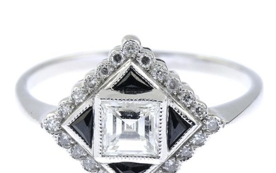 A square-shape diamond and sapphire cluster ring, with...