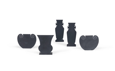 A suite of five black lacquered metal and transparent resin vases, 20th century