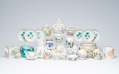 A varied collection of Chinese famille rose, blue, white, qianjiang cai and iron-red porcelain, 19th/20th...