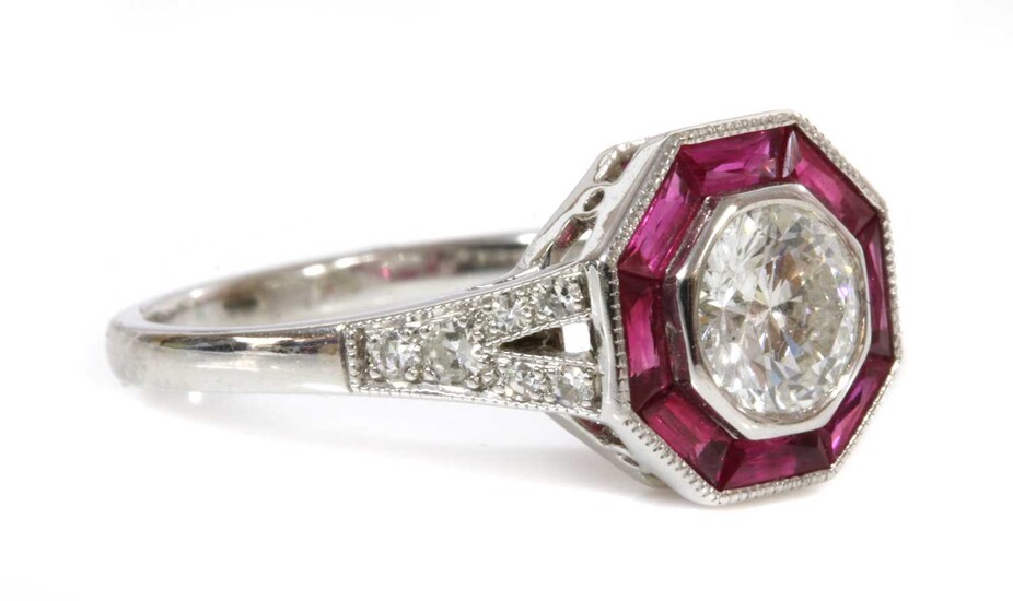A white gold diamond and ruby octagonal-shaped target cluster ring