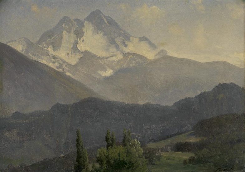 ALBERT BIERSTADT Rocky Mountain Landscape. Oil on paper mounted on board. 350x480 mm;...