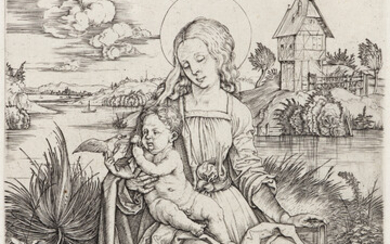 ALBRECHT DÜRER The Virgin and Child with the Monkey. Engraving, circa 1498. 189x120...
