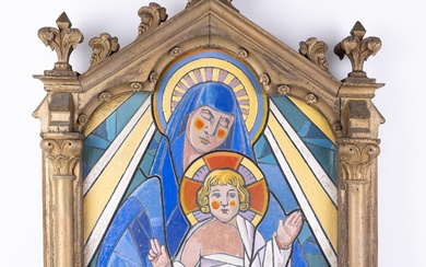 A.LEMOINE ? (XIX-Xxe), "Vierge à l'Enfant", vitrail en verre émaillé dans un cadre de style...