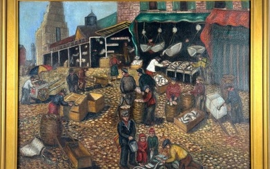 AMERICAN SCHOOL (Early to Mid-20th Century,), Fish market scene., Oil on canvas, 33" x 42". Framed