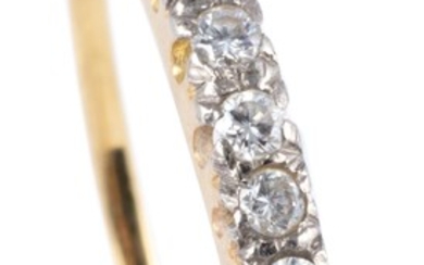 AN 18CT GOLD DIAMOND RING; set with 7 round brilliant cut diamonds totalling approx. 0.12ct, size S - T, wt.1.82g.