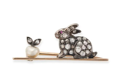 AN ANTIQUE DIAMOND, PEARL AND RUBY RABBIT BROOCH i ...