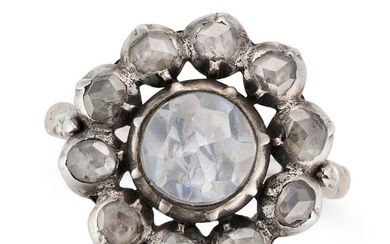 AN ANTIQUE DUTCH DIAMOND AND PASTE CLUSTER RING in yellow gold and silver, set with a rose cut paste