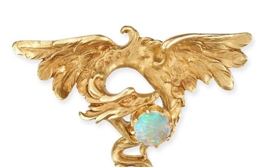 AN ANTIQUE FRENCH ART NOUVEAU OPAL WYVERN BROOCH in 18ct yellow gold, designed as a wyvern with a...