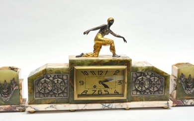 AN ART DECO BRONZE, MARBLE AND ONYX CLOCK GARNITURE, SIGNED G. ABRIGATIS, HIRSON, WITH A RECTANGULAR ROMAN NUMERAL DIAL FLANKED BY F...