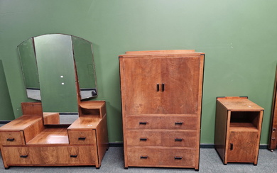 AN ART DECO WALNUT AND EBONISED BEDROOM SUITE COMPRISING LARGE TRIPLE WARDROBE, A TALLBOY, A LOW