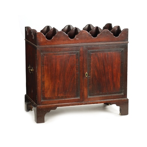 AN EARLY GEORGE III FIGURED MAHOGANY BUTLER’S CELLARETTE wit...