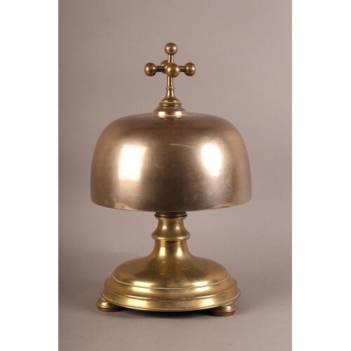 AN UNUSUAL AND LARGE BRONZE, cast iron and brass table bell ...