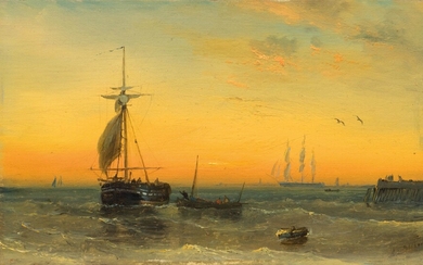 ANDREAS SCHELFHOUT(1787 La Haye 1870)Voiliers dans le port au coucher du soleil. Huile sur bois....