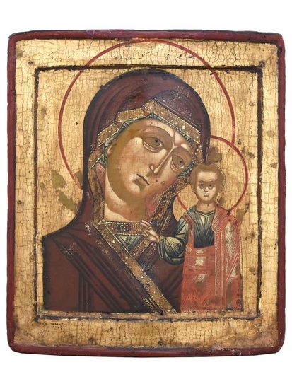 ANTIQUE 19TH C RUSSIAN ICON OF OUR LADY OF KAZAN