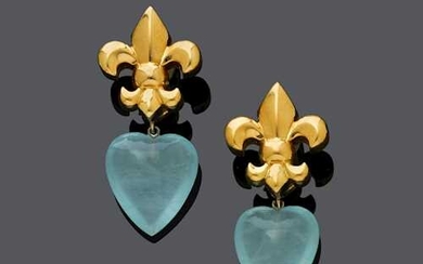 AQUAMARINE AND GOLD EARCLIPS, BY STEINLIN.