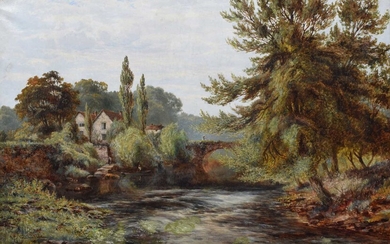 Albert Gyngell (British 1841-1894) River scene with figures and a bridge