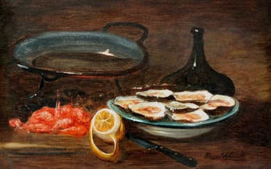 Alfred Arthur Brunel de Neuville (1852-1941) - Still life with oystern, crevettes, citron und wine