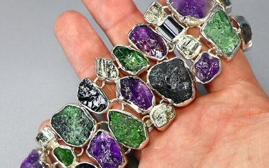 Amethyst, Diopside, Tourmaline and Pyrite Silver Bracelet - 175×40×9 mm - 94 g