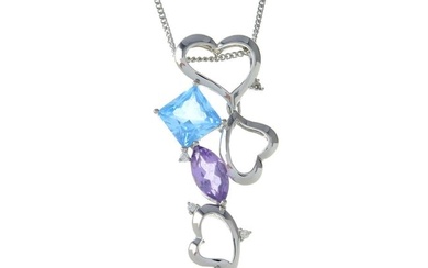 An 18ct gold amethyst, blue topaz and diamond openwork heart pendant, with 9ct gold chain.